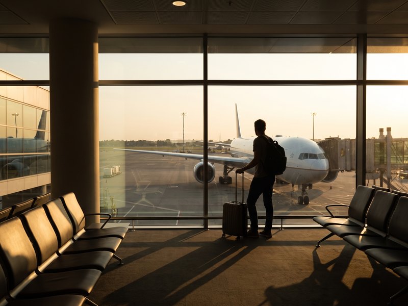 Avgångshall på flygplats i skymning