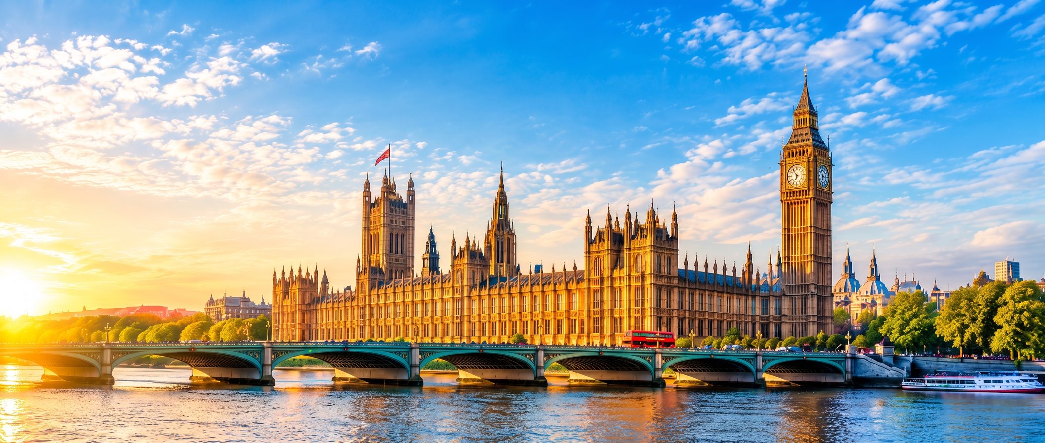 Westminsterpalatset och Big Ben vid Themsen i London