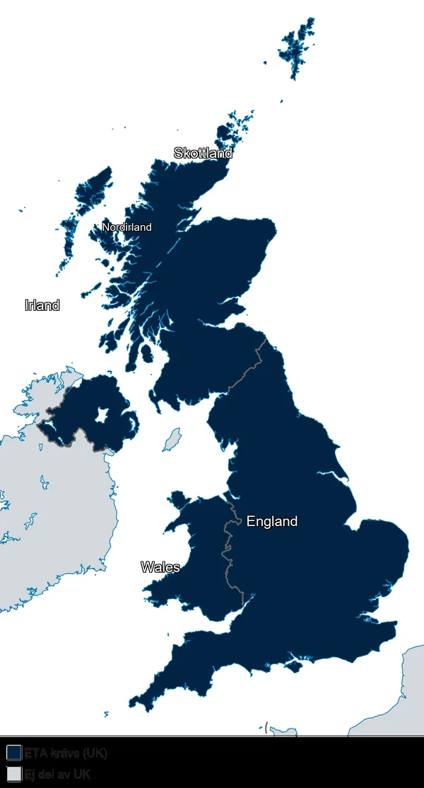 Karta över Storbritannien med det ETA-täckta området markerat: England, Skottland, Wales och Nordirland